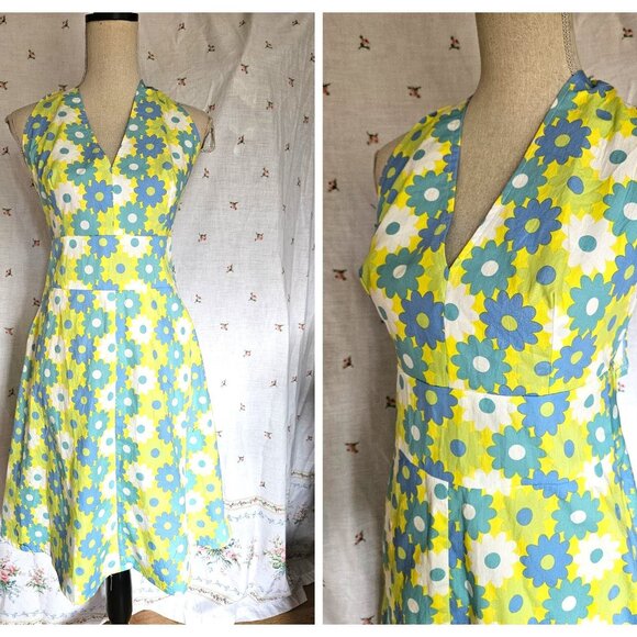 Size S Cotton Floral Halter Dress Yellow - Picture 1 of 9